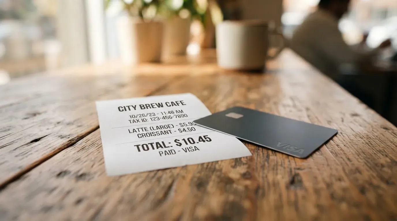 A receipt and a card on a café table