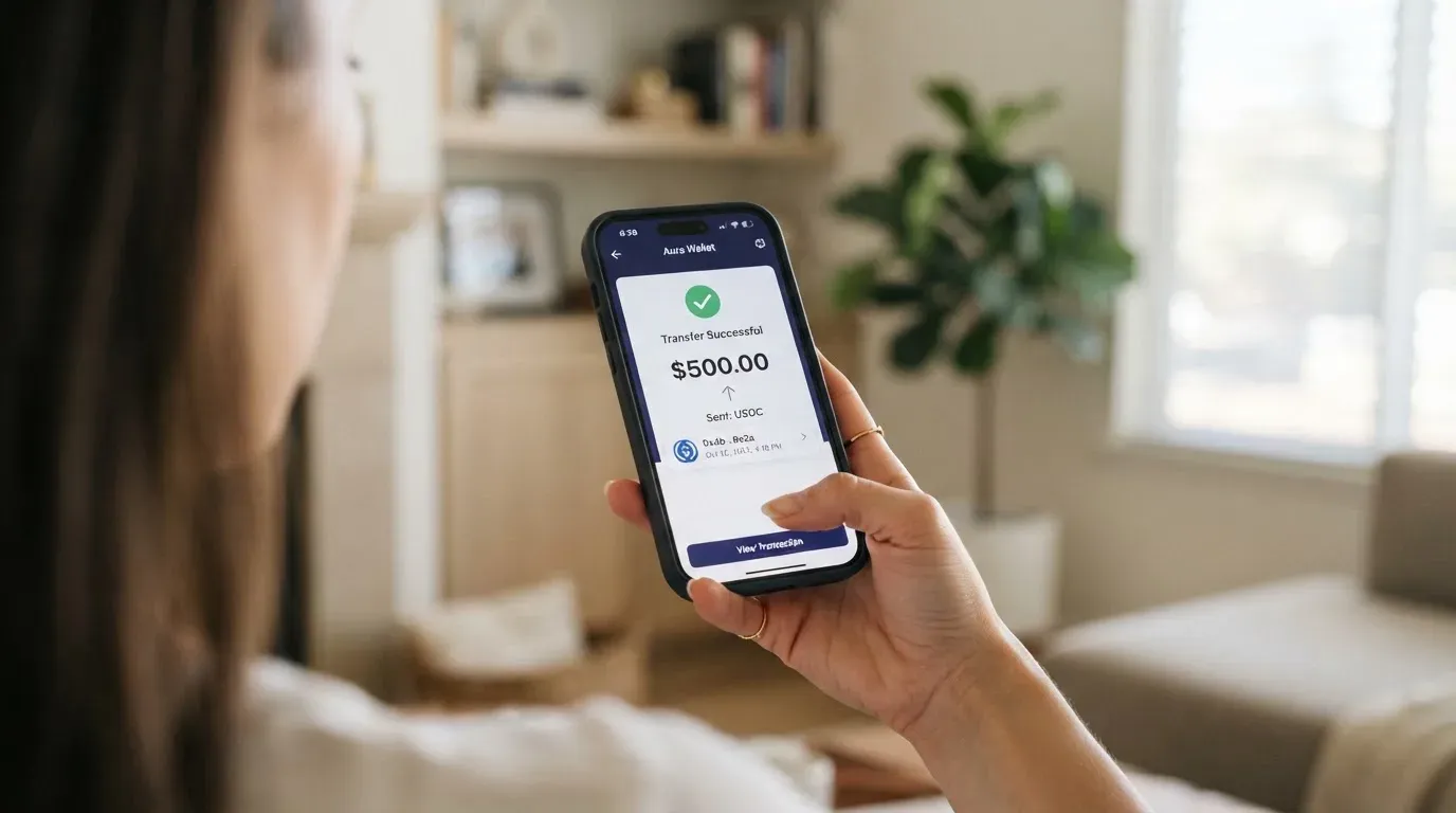 A phone showing a stablecoin transfer screen