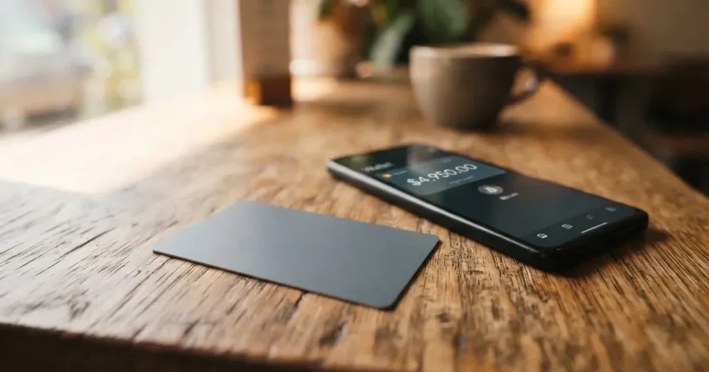 A payment card next to a phone with a crypto wallet app open