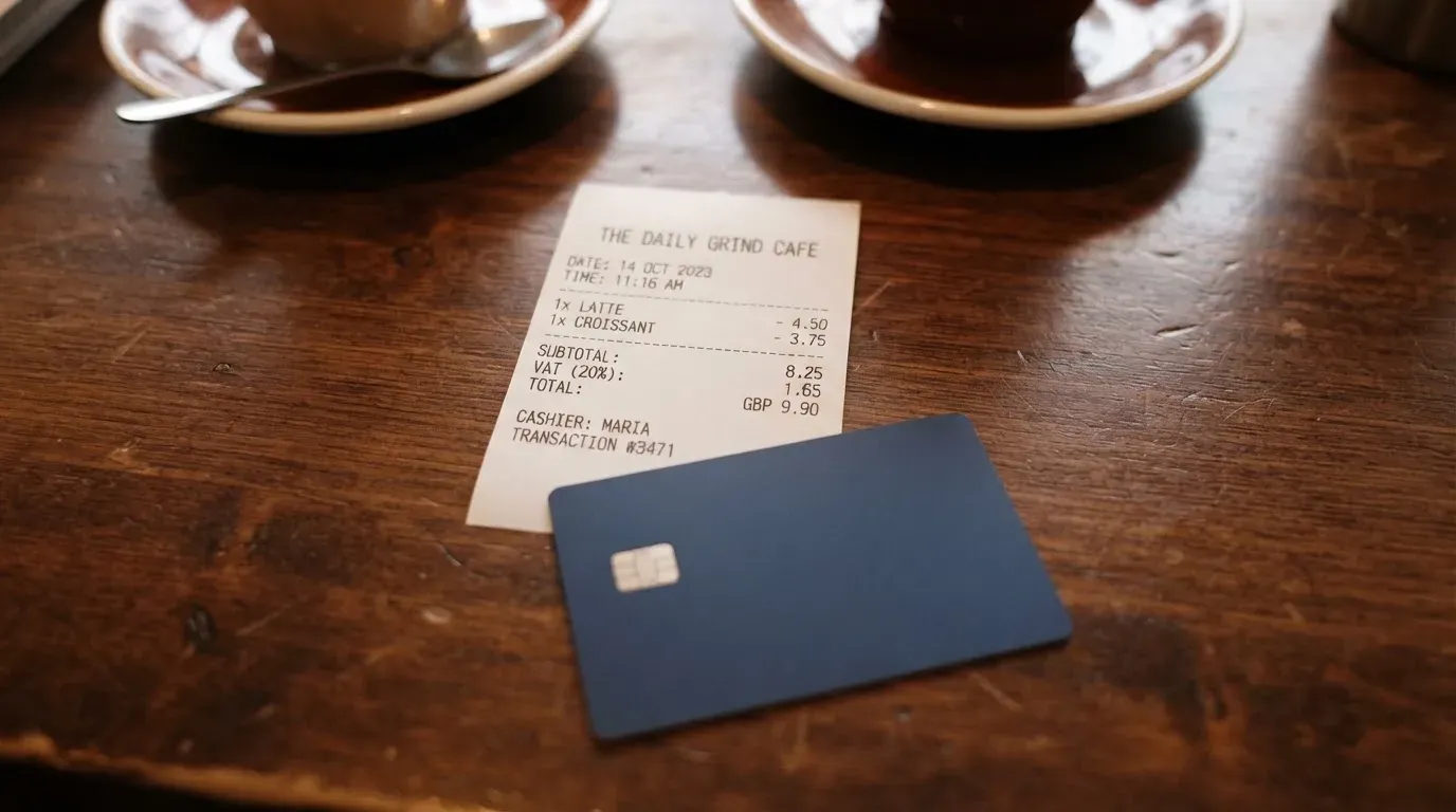 A receipt and a card on a café table