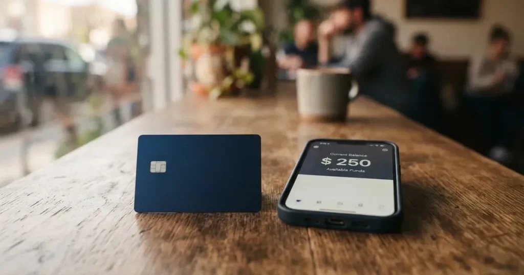 A payment card next to a phone with a crypto wallet app open
