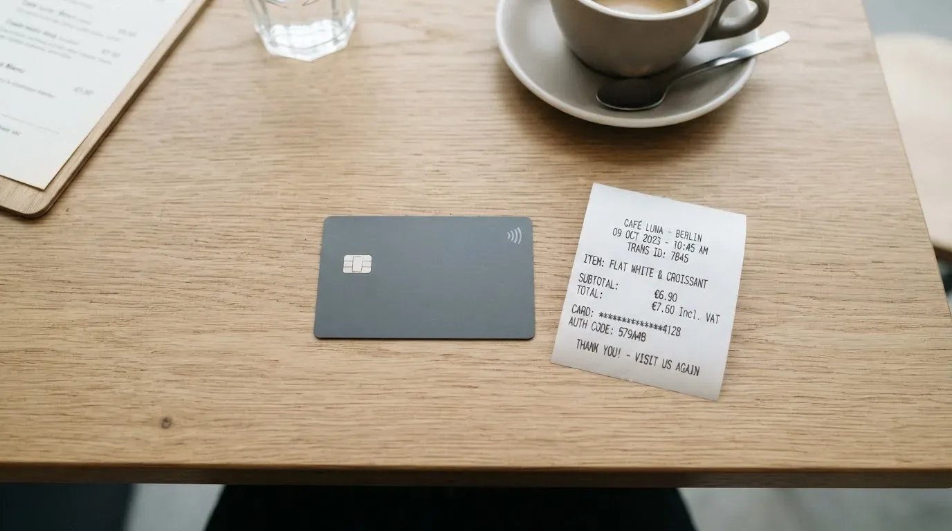 A receipt and a card on a café table