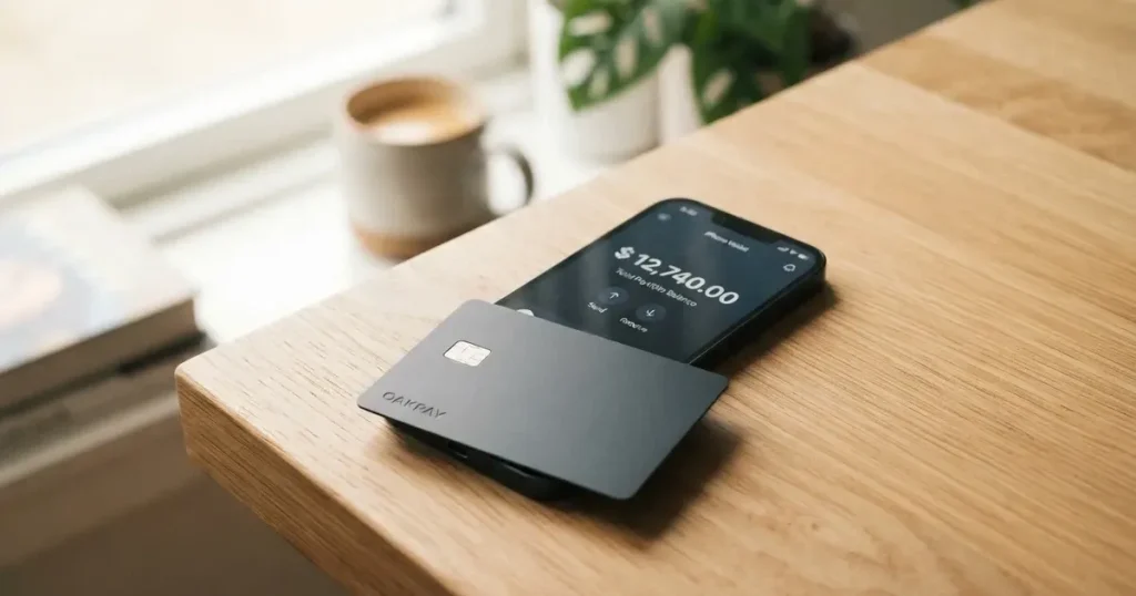 A payment card next to a phone with a crypto wallet app open
