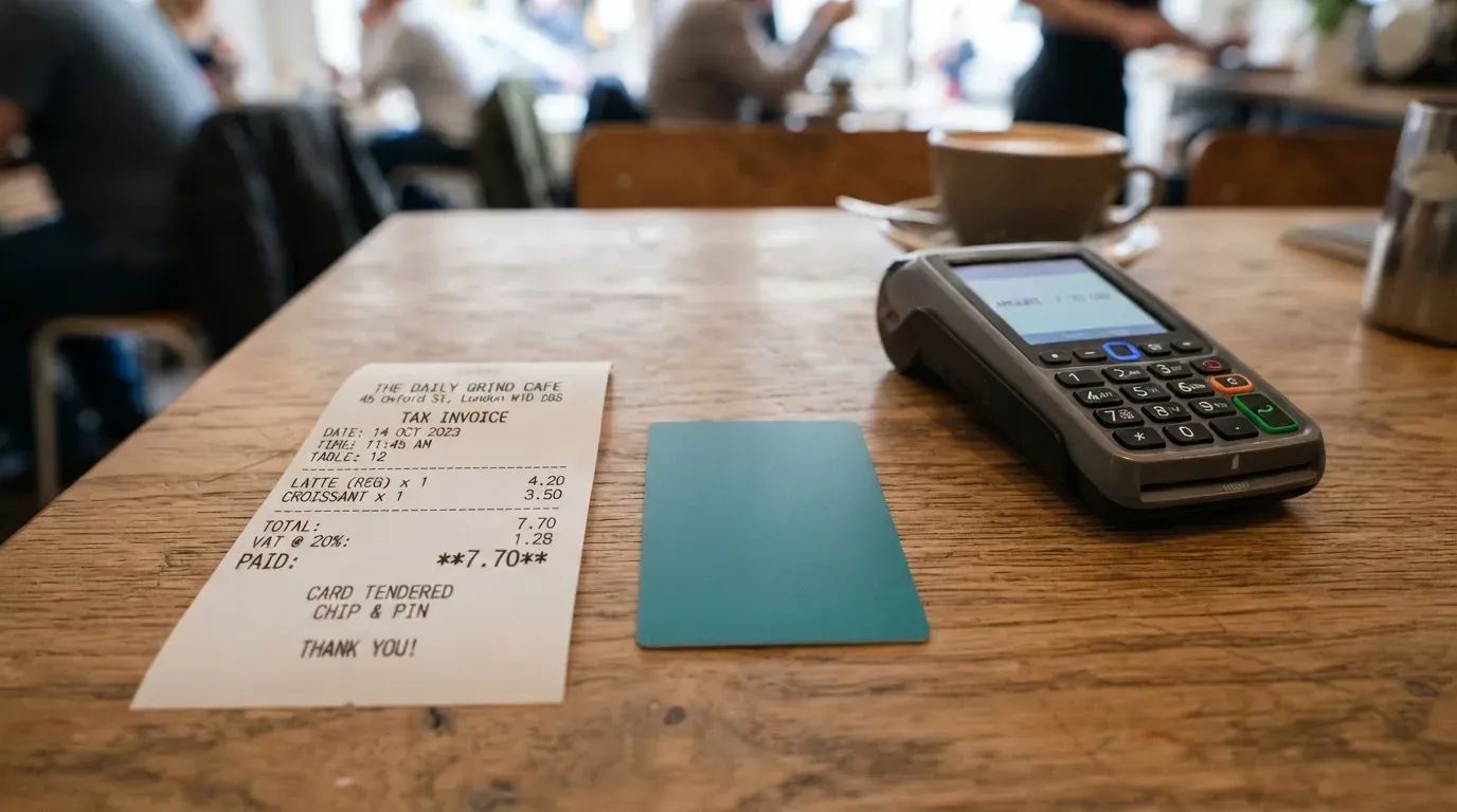 A receipt and a card on a café table