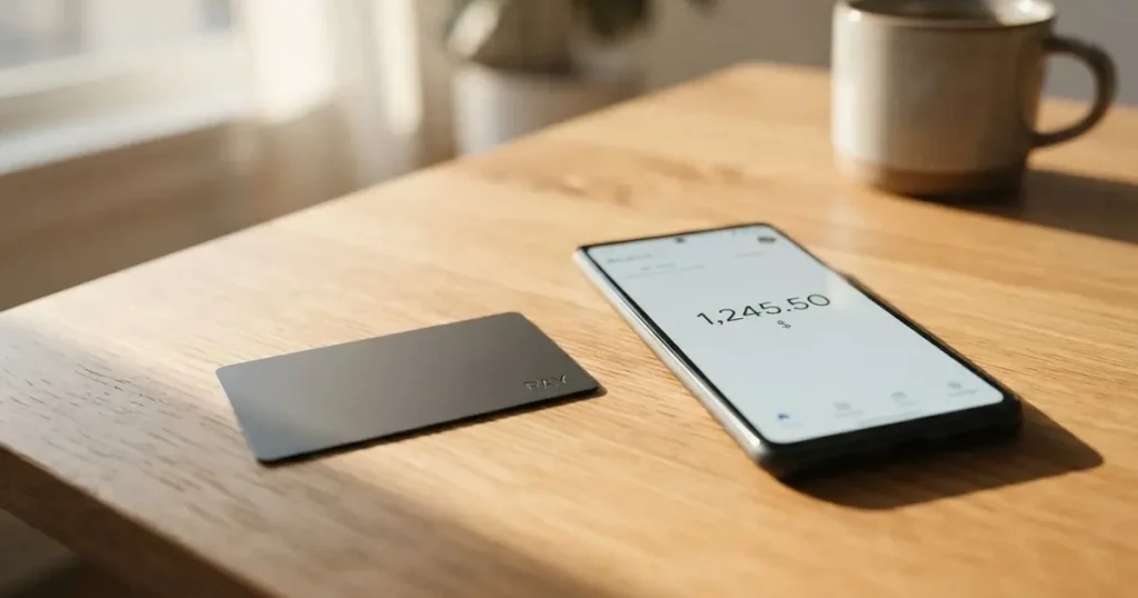 A payment card next to a phone with a crypto wallet app open