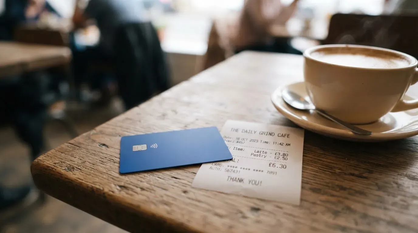A receipt and a card on a café table