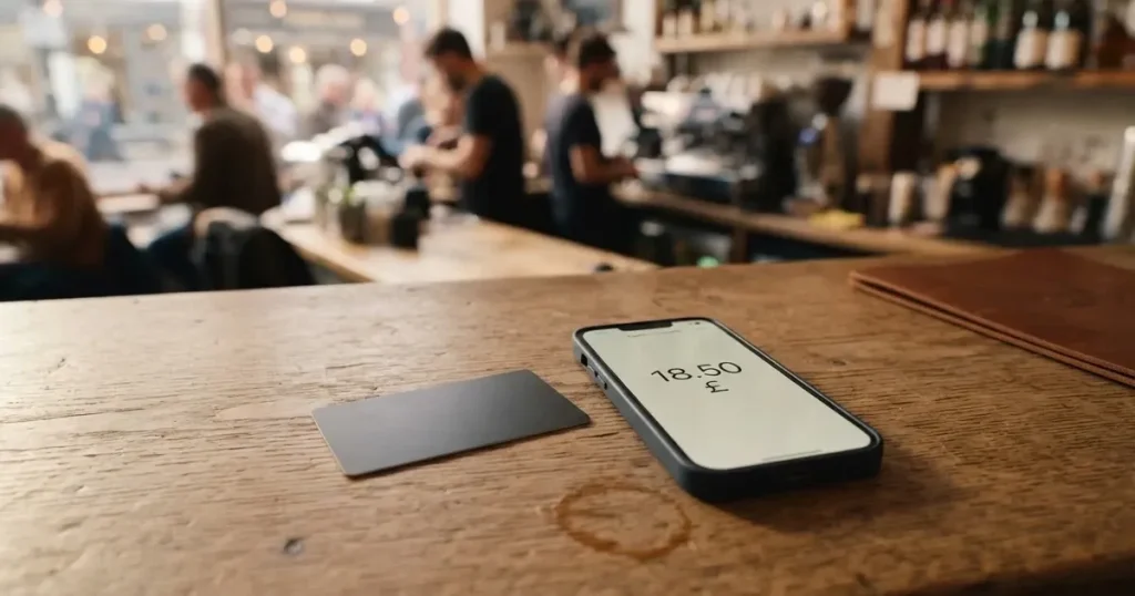A payment card next to a phone with a crypto wallet app open
