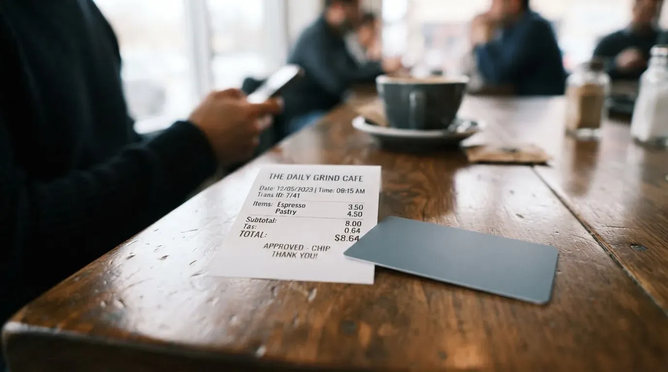 A receipt and a card on a café table