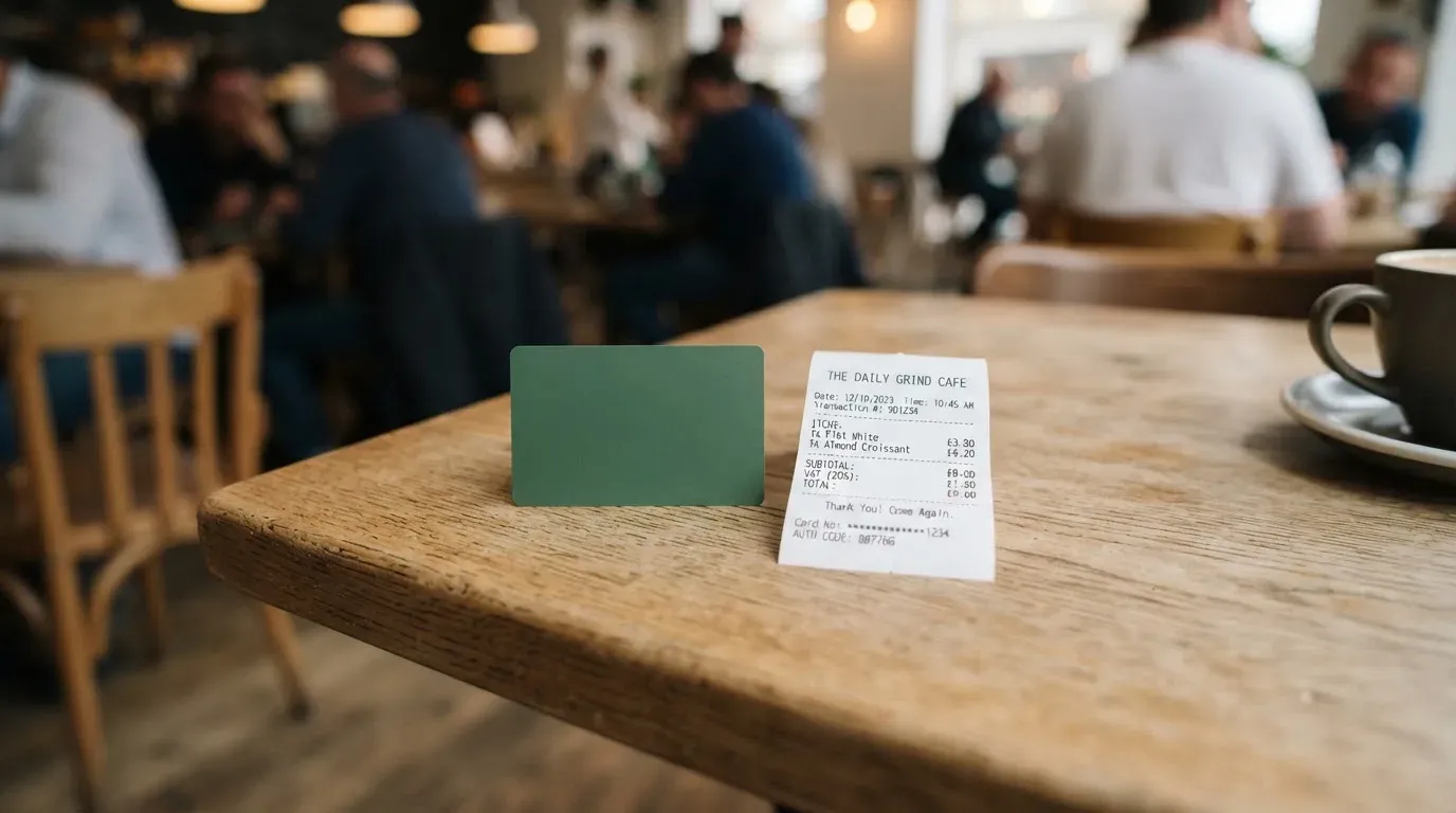A receipt and a card on a café table