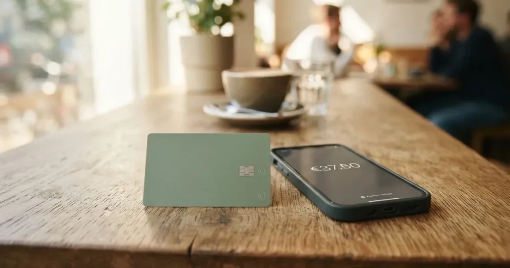 A payment card next to a phone with a crypto wallet app open