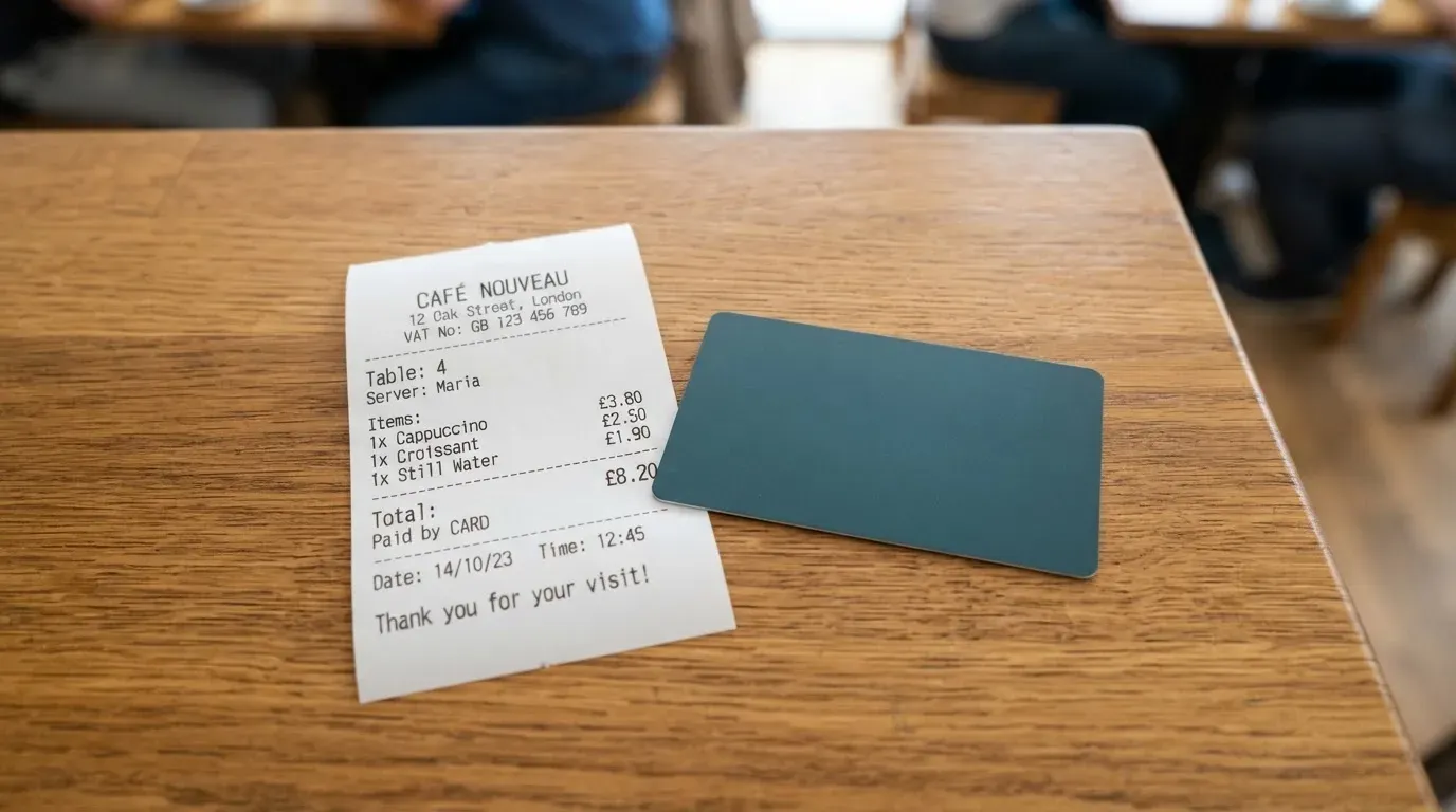 A receipt and a card on a café table