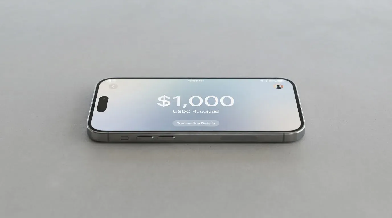 A phone showing a stablecoin transfer screen