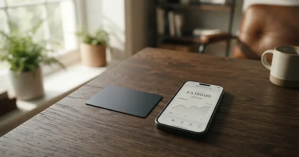 A payment card next to a phone with a crypto wallet app open