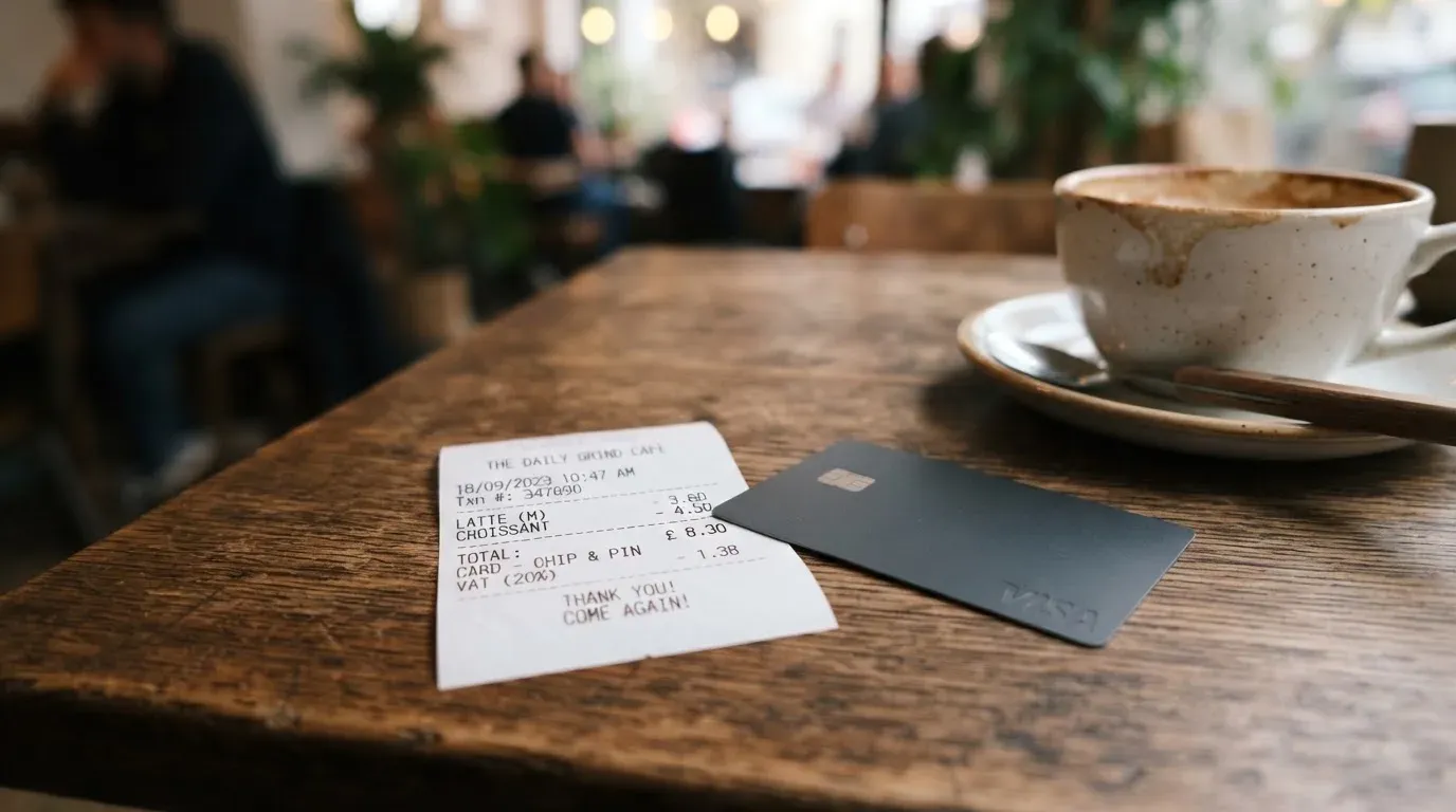 A receipt and a card on a café table