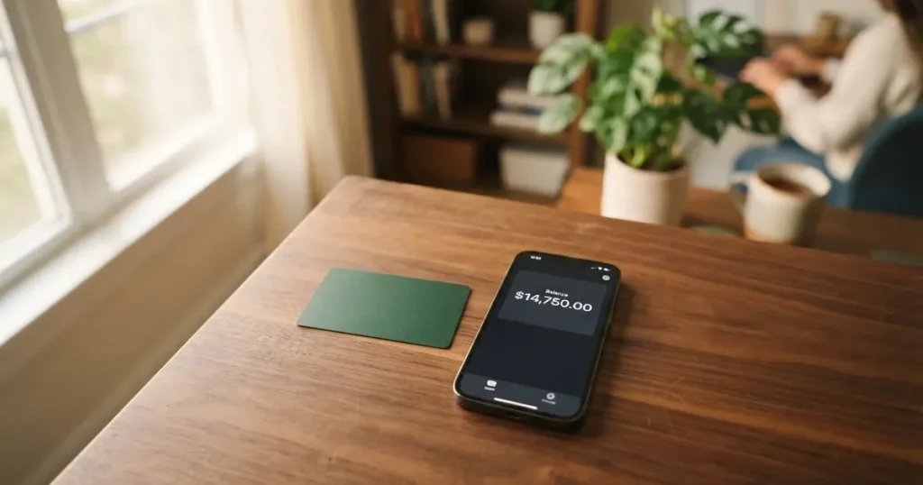 A payment card next to a phone with a crypto wallet app open
