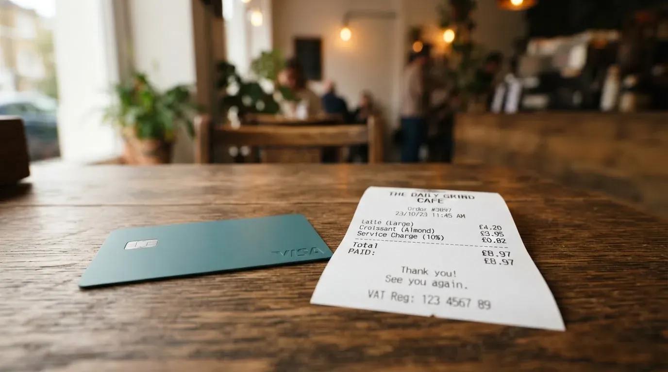 A receipt and a card on a café table
