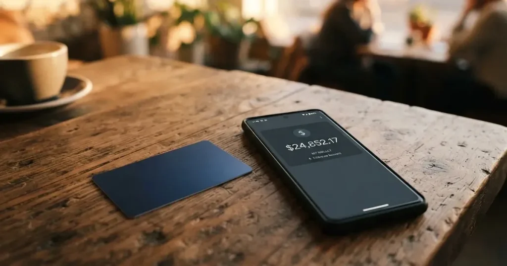 A payment card next to a phone with a crypto wallet app open