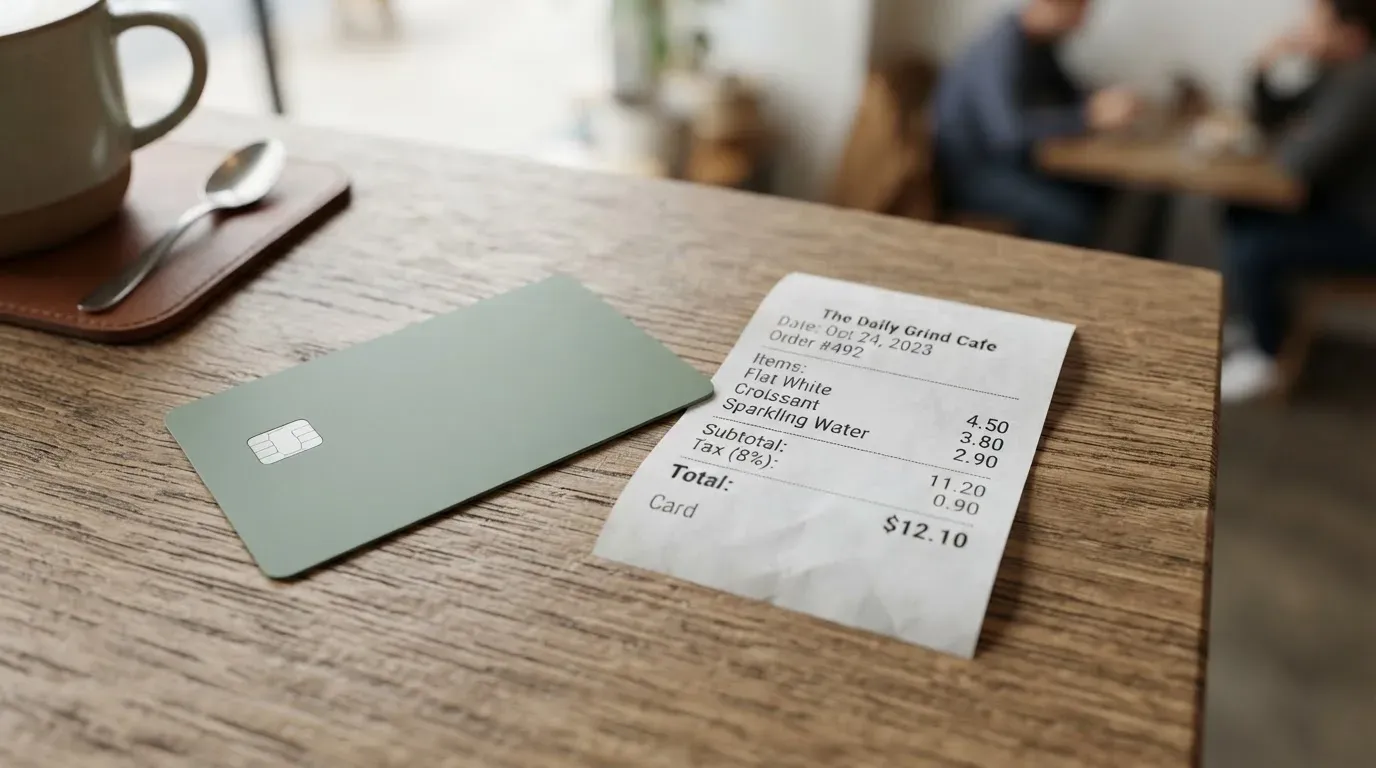 A receipt and a card on a café table