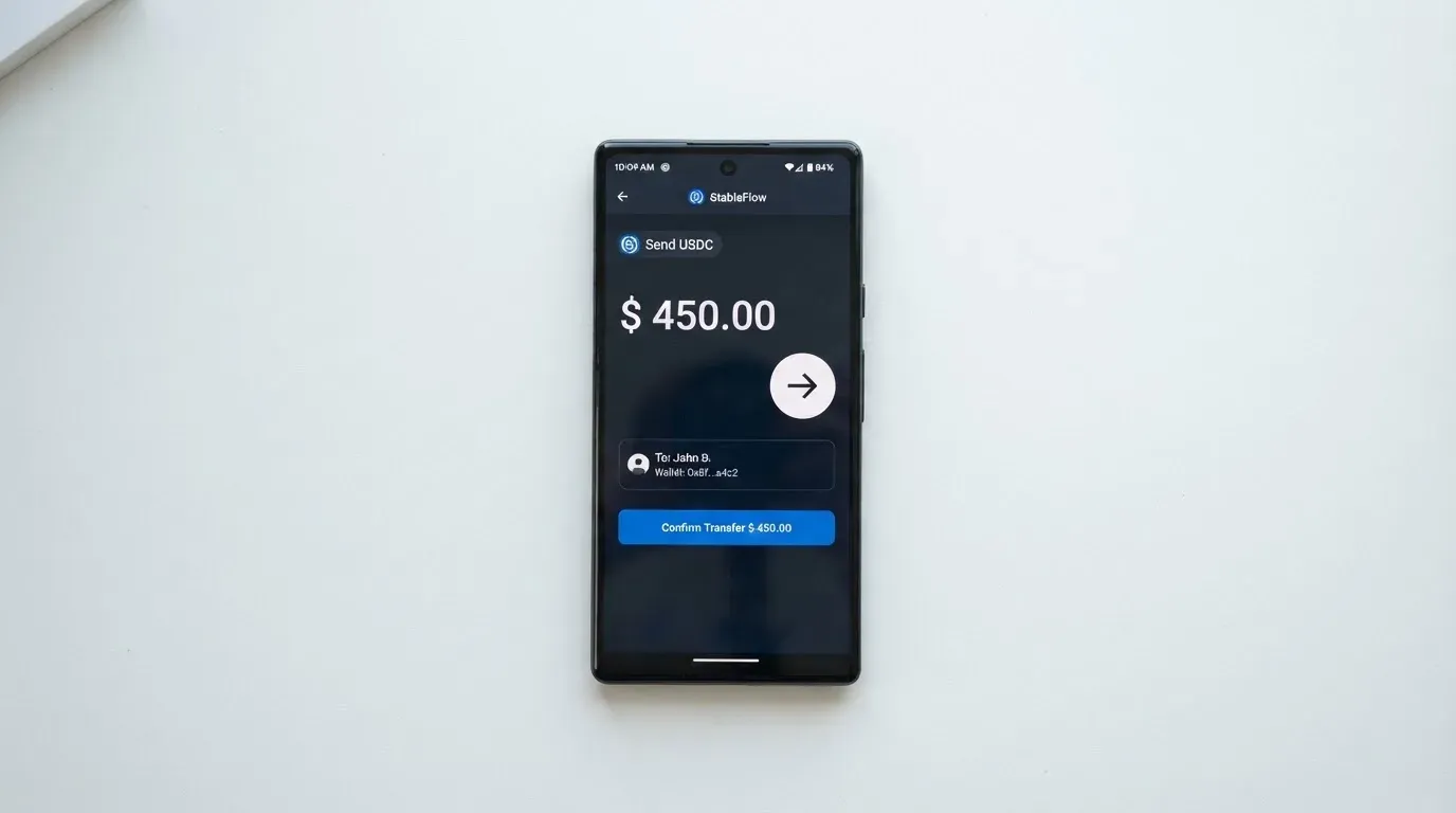 A phone showing a stablecoin transfer screen