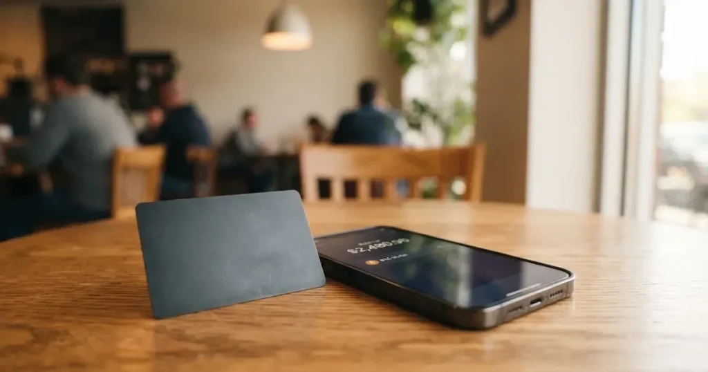 A payment card next to a phone with a crypto wallet app open