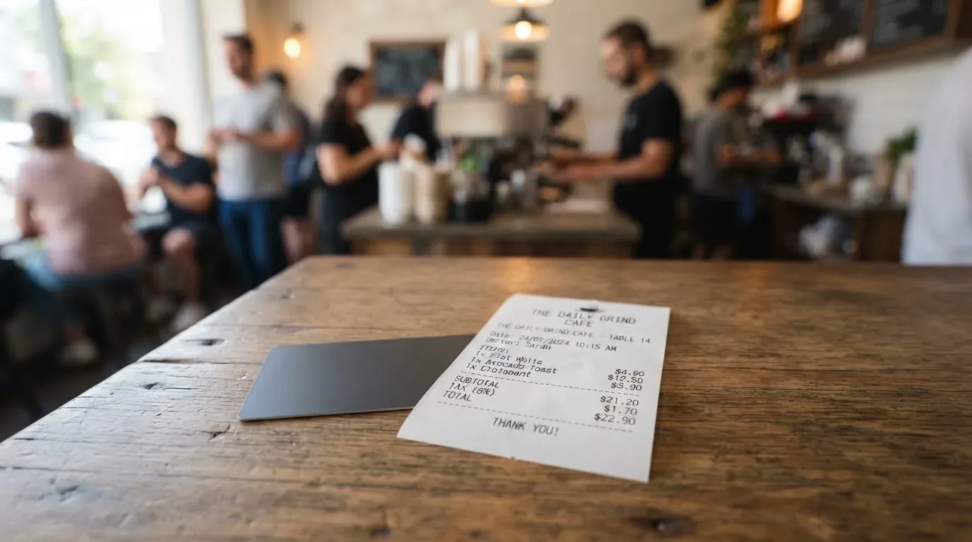 A receipt and a card on a café table