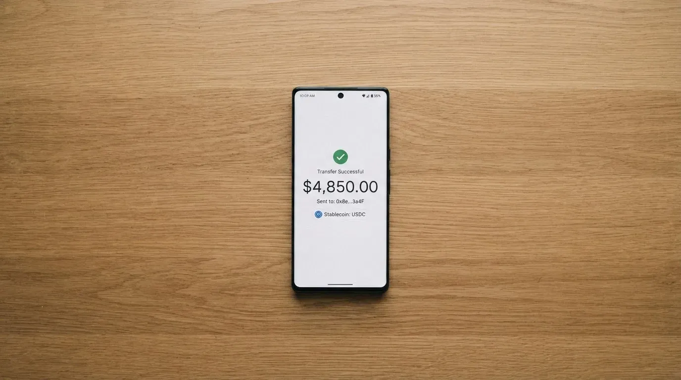 A phone showing a stablecoin transfer screen