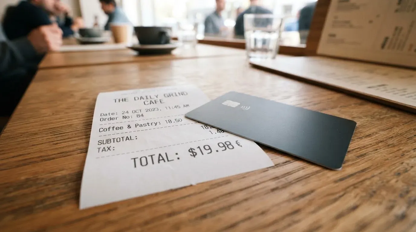 A receipt and a card on a café table