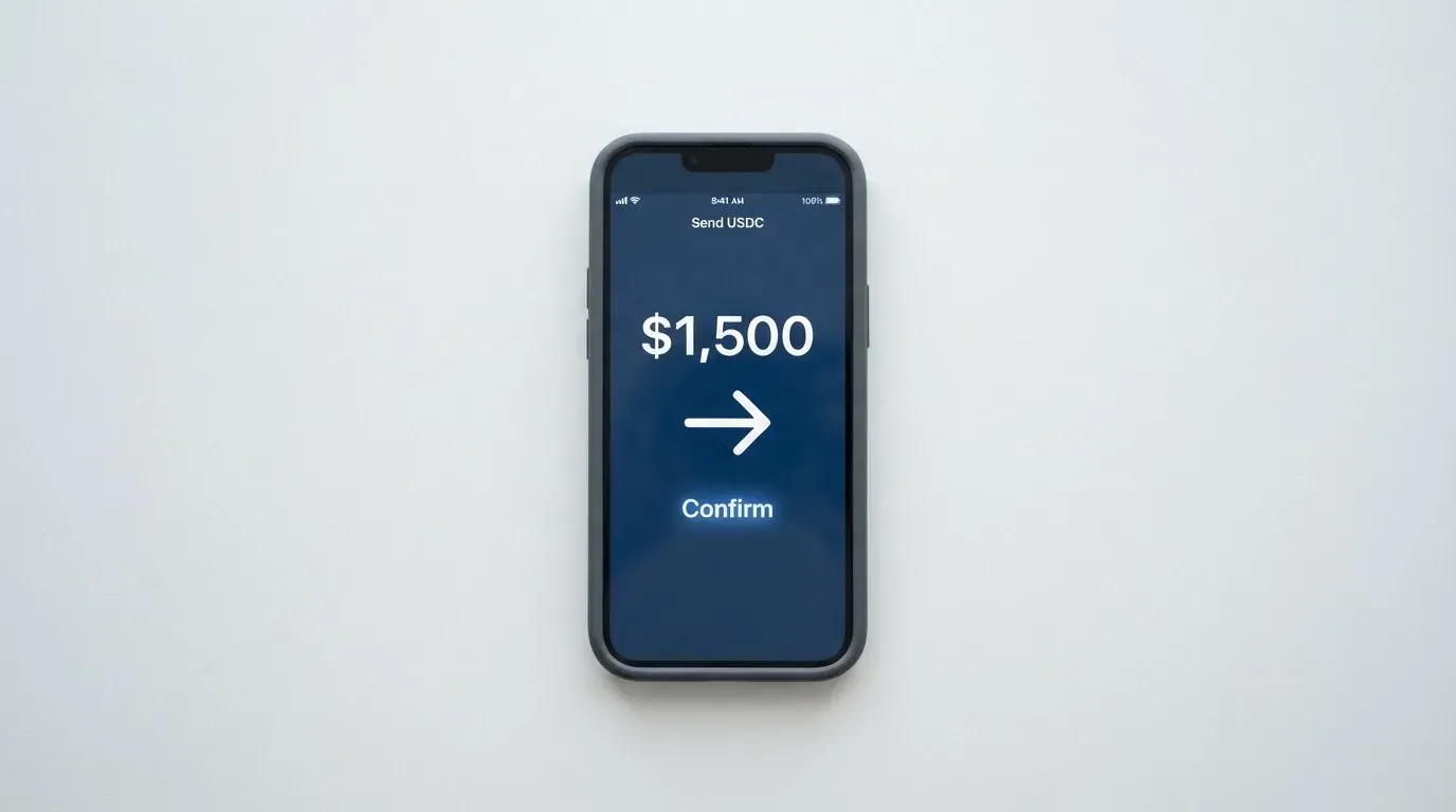 A phone showing a stablecoin transfer screen