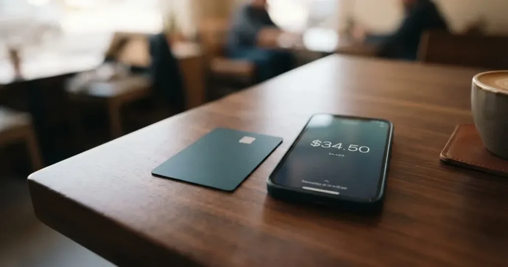 A payment card next to a phone with a crypto wallet app open