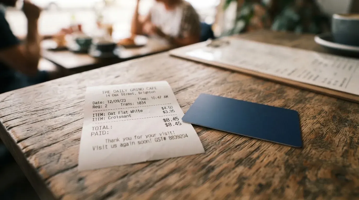 A receipt and a card on a café table
