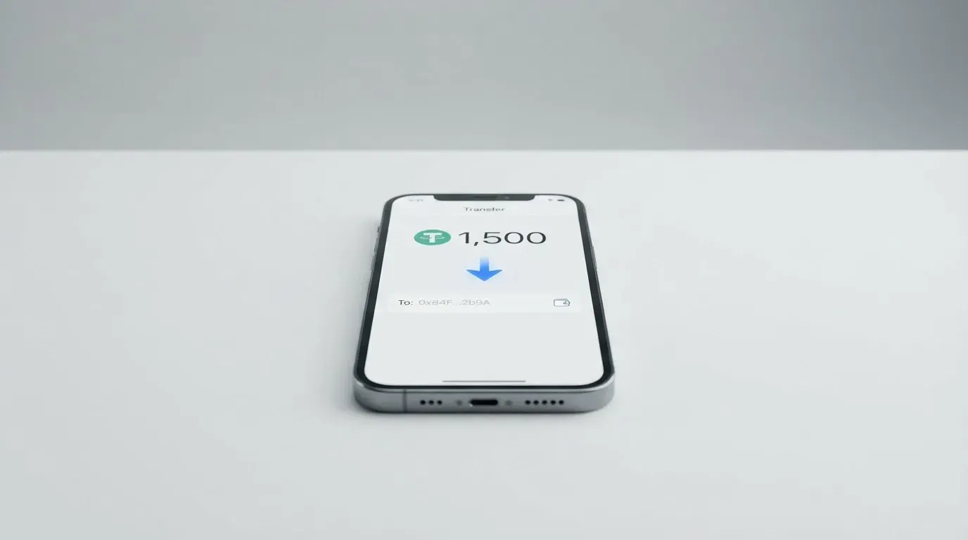 A phone showing a stablecoin transfer screen