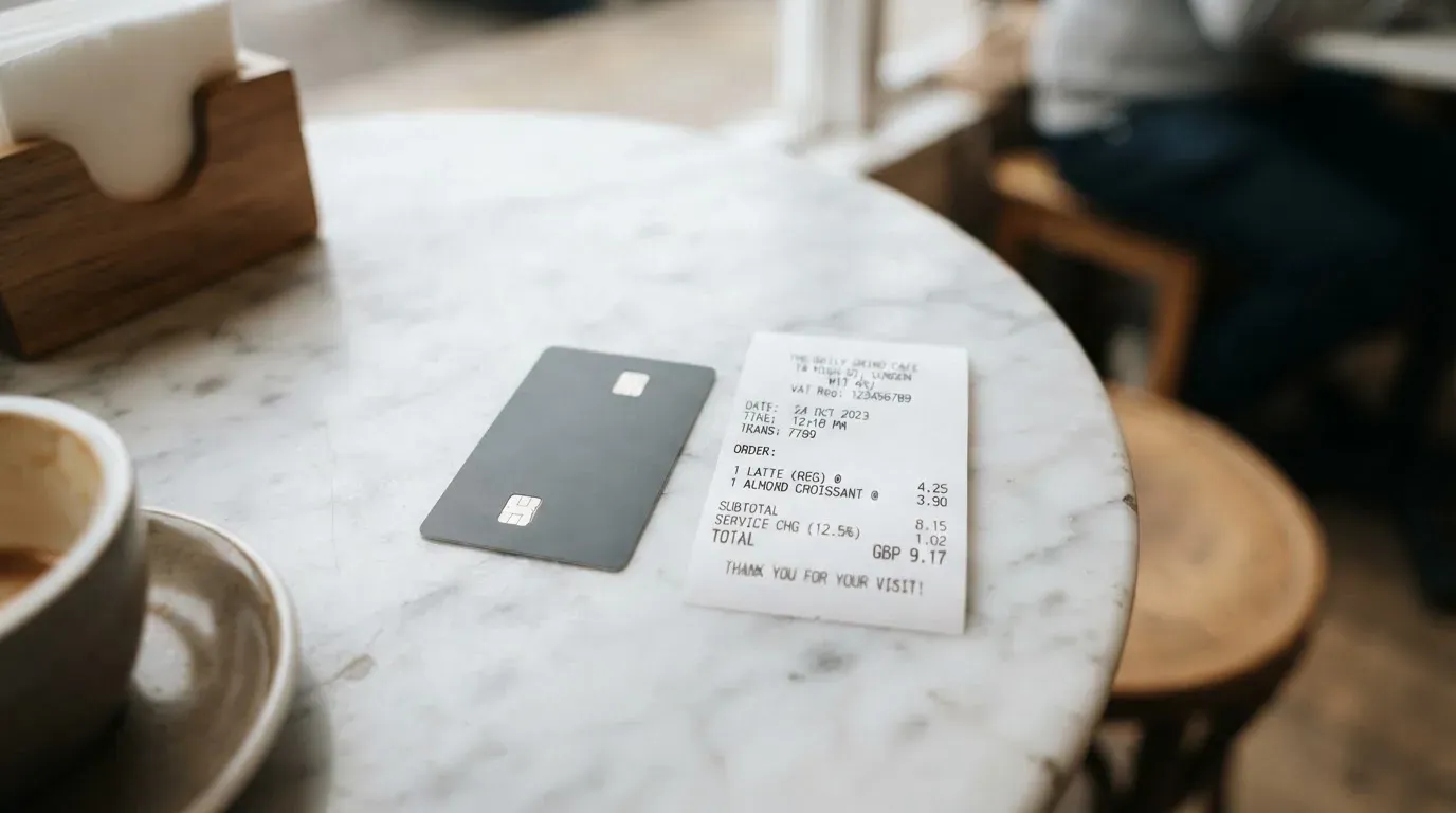 A receipt and a card on a café table