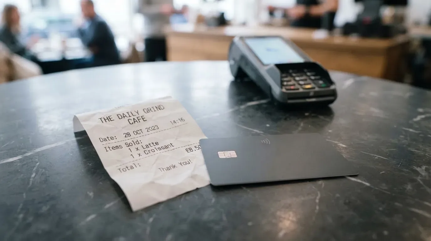 A receipt and a card on a café table